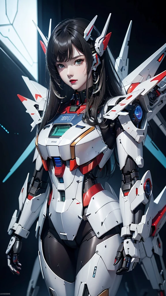 rough skin, Super detailed, advanced details, high quality, 最high quality, High resolution, 1080P, Hard disk, beautiful,(Gundam),Beautiful cyborg woman,Mecha Cyborg Girl,battle mode,Mecha body girl,She wears a futuristic Gundam mecha,full body shot