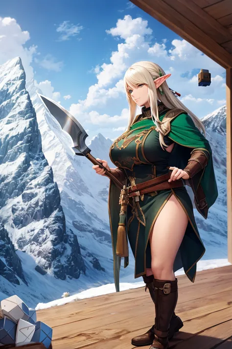 elf, dnd, north, mountains, with axe, winter, one person, (male), (press cubes), big booba

