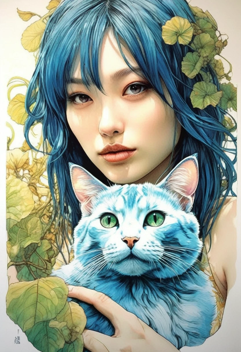 artwork by Katsuya Terada
8K, HD, intricate detailed masterpiece, (summer vaation:1.4), (cat and girl:1.1), transparent, glowing blue eyes, blue cat and palegreen eye ball, medium shot, blue hair, organic shapes, hard edges, anatomecly correct body,  hyper realistic, cat elegant,cinematic lighting, highly detailed, intense colors, octane rendered cat, surreal mood, award winning picture, glowing rich colors, iridiscent accents, dramatic shadows,dynamic and atmospheric lighting, anamorphic lens, sharp focus, 
intricate high detail masterpiece by Katsuya Terada, in the STYLE of Katsuya Terada, pop surrealism, watercolor , Fukuhara Haruka, 