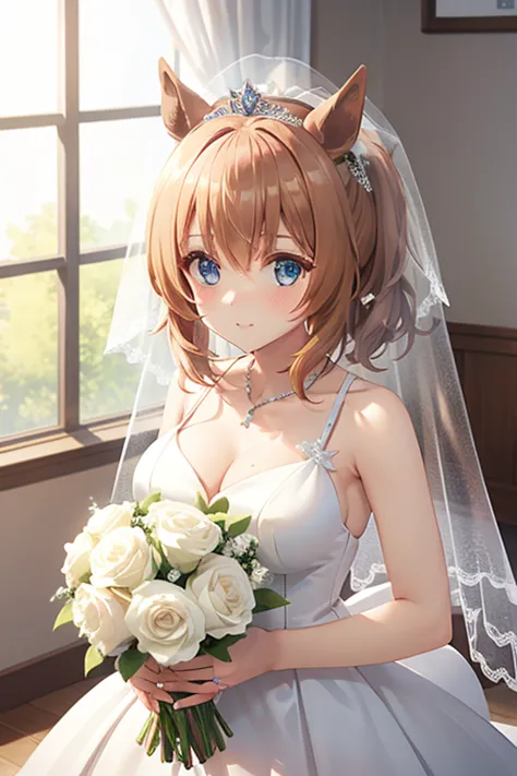 taiki shuttle \(umamusume\) wearing a white wedding dress, tiara, wedding veil in front of face, wedding bouquet