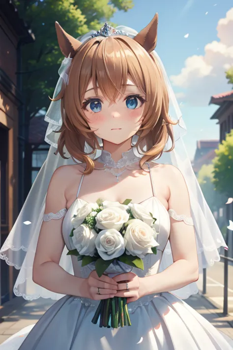 taiki shuttle \(umamusume\) wearing a white wedding dress, tiara, wedding veil in front of face, wedding bouquet