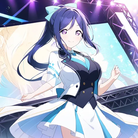 kanan matsuura, long hair, blue hair, (purple eyes:1.1), ponytail, sidelocks,,, live stage, large breasts, formal dress smile　so...