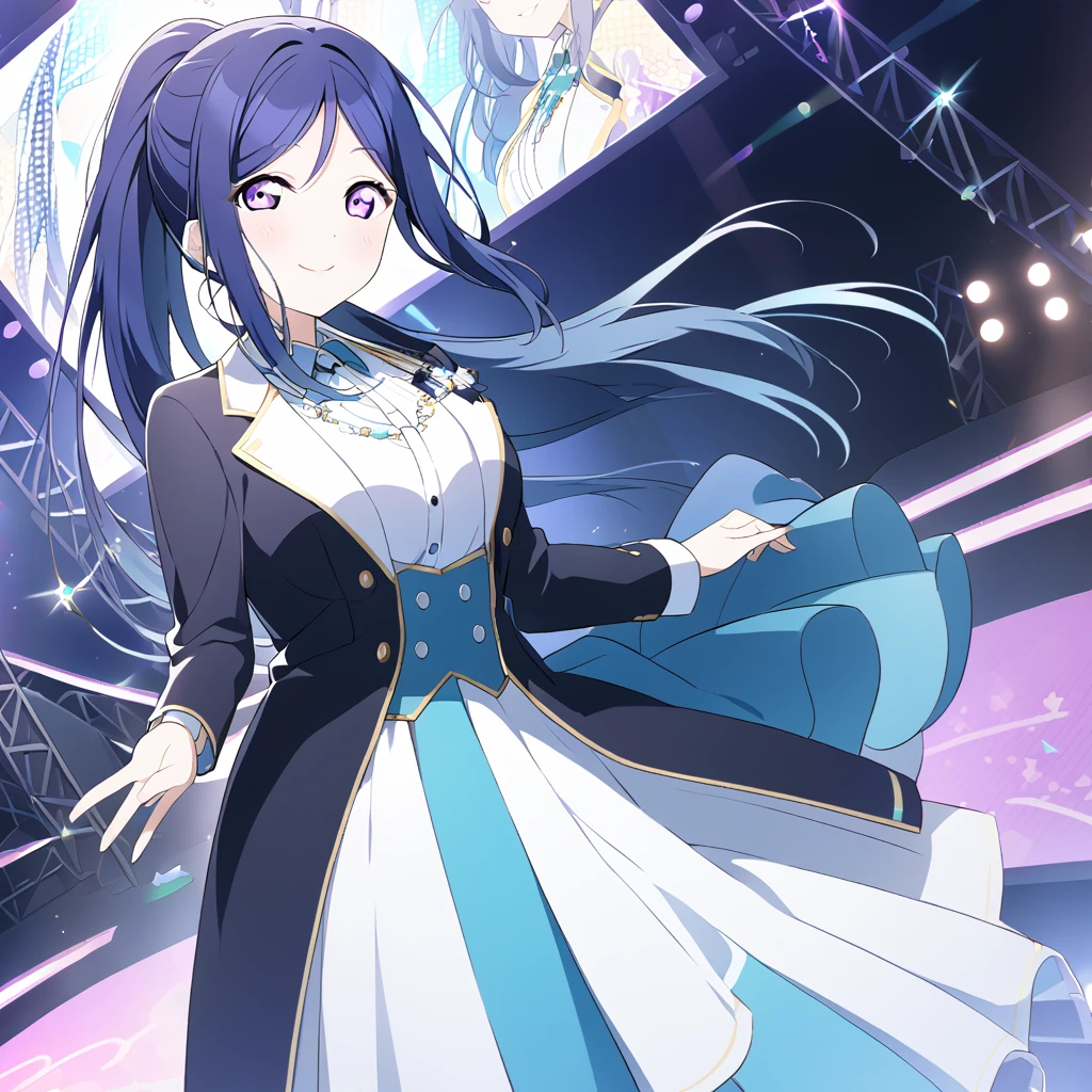 kanan matsuura, long hair, blue hair, (purple eyes:1.1), ponytail, sidelocks,,, live stage, large Breasts, Formal dress smile　solo

