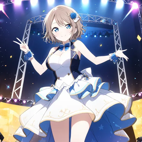 you watanabe, short hair, blue eyes, brown hair,,　, live stage, large breasts, formal dress smile　solo