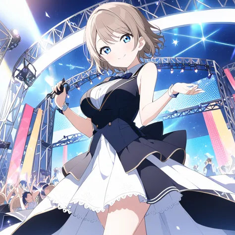 you watanabe, short hair, blue eyes, brown hair,,　, live stage, large breasts, formal dress smile　solo