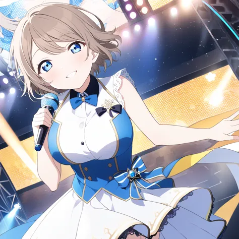 you watanabe, short hair, blue eyes, brown hair,,　, live stage, large breasts, formal dress smile　solo