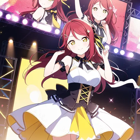 riko sakurauchi, long hair, hair ornament, (yellow eyes:1.3), red hair, hairclip,,, live stage, large breasts, formal dress smil...