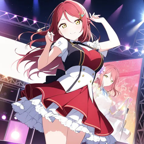 riko sakurauchi, long hair, hair ornament, (yellow eyes:1.3), red hair, hairclip,,, live stage, large breasts, formal dress smil...