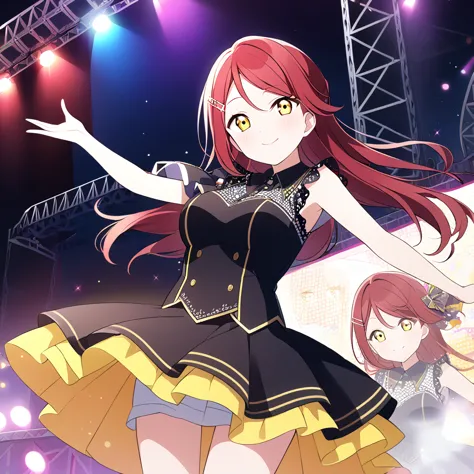 riko sakurauchi, long hair, hair ornament, (yellow eyes:1.3), red hair, hairclip,,, live stage, large breasts, formal dress smil...