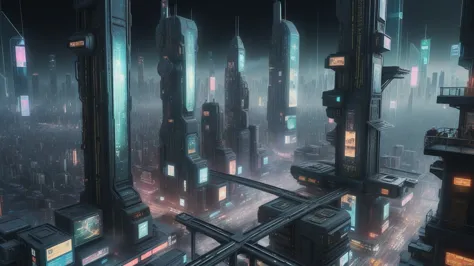 (((aerial view))) of a sprawling Cyberpunk cityscape, all-glass towering skyscrapers, a lot of neon lights and holographic billb...