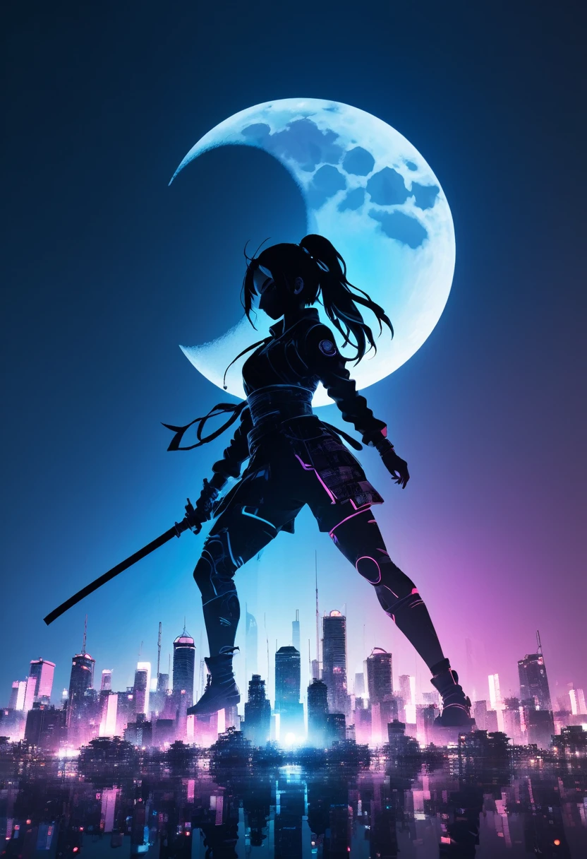  mate piece, silhouette, Kunoichi, logo, monotony, moon, double exposure, cyberpunk city, depth of field, (holographic glow effect), from below, low angle shot, masterpiece,