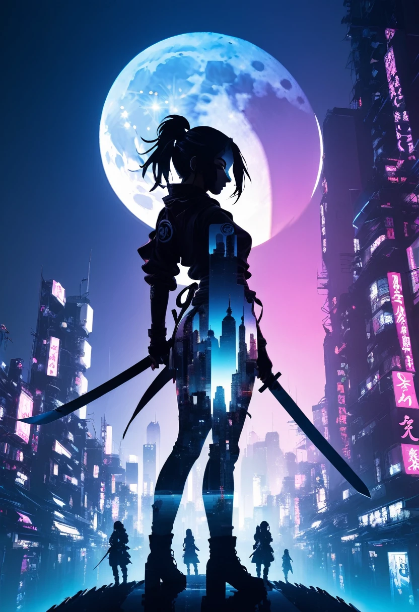  mate piece, silhouette, Kunoichi, logo, monotony, moon, double exposure, cyberpunk city, depth of field, (holographic glow effect), from below, low angle shot, masterpiece,