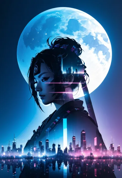  mate piece, silhouette, Kunoichi, logo, monotony, moon, double exposure, cyberpunk city, depth of field, (holographic glow effe...