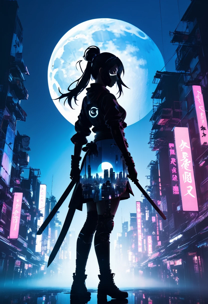  mate piece, silhouette, Kunoichi, logo, monotony, moon, double exposure, cyberpunk city, depth of field, (holographic glow effect), from below, low angle shot, masterpiece,