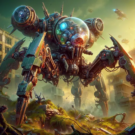 Warhammer 40k,science fiction, weaponized military robotic spider with glass body parts and visible inner workings, patrolling t...