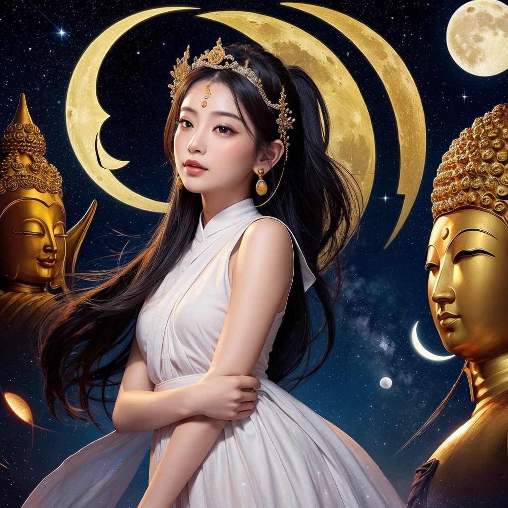 (Sun, moon and stars，night sky)，(​Masterpiece、top quality、top quality、official art、Exquisite and beautiful:1.2)、(1 girl in)、((Staff，Buddha&#39;s light，Current Ions，aurora))，Very detailed、(fractal art:1.3)、Colorful、most detailed,(Posture in motion:1.4)、Beautiful and delicate face with details、Beautiful and delicate eyes with details、Very fine eye definition, (symmetrical eyes:1.3),((natural smile)),Floral fragrance,feather、Goddess image, apsara violet saree 