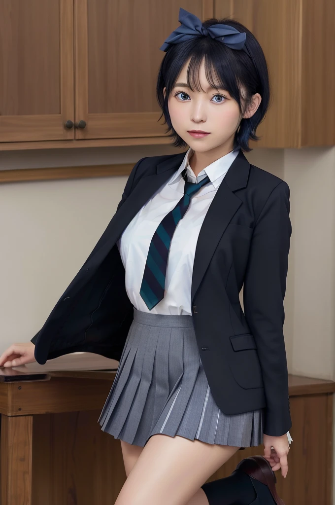 masterpiece, Highest quality, High resolution, One girl, alone, Brown footwear, skirt, Jacket, shirt, blue eyes, white shirt, tie, green tie, Black Hair, pleated skirt, shoes下, diagonal-Striped tie, open Jacket, Open clothes, Striped tie, shoes, collared shirt, loafers, black Jacket, black skirt, Striped, blazer, short hair, Long sleeve, bangs, , black shoes下, Diagonal stripes, hair band, hair ribbon, ribbon, blue hair band, dress shirt, bow,  