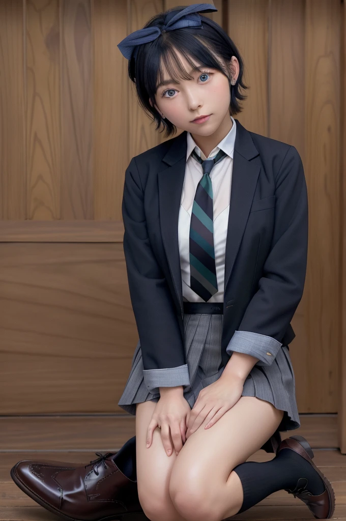 masterpiece, Highest quality, High resolution, One girl, alone, Brown footwear, skirt, Jacket, shirt, blue eyes, white shirt, tie, green tie, Black Hair, pleated skirt, shoes下, diagonal-Striped tie, open Jacket, Open clothes, Striped tie, shoes, collared shirt, loafers, black Jacket, black skirt, Striped, blazer, short hair, Long sleeve, bangs, , black shoes下, Diagonal stripes, hair band, hair ribbon, ribbon, blue hair band, dress shirt, bow,  