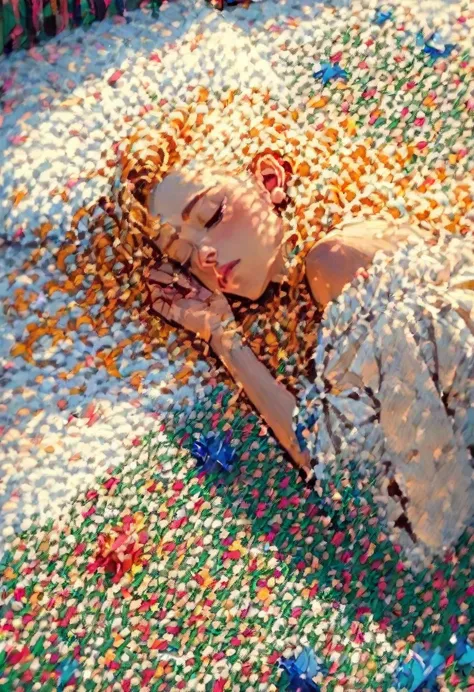((Masterpiece)), ((Best Quality)), 8K, HD, Super Detail, (Woman, (Golden hair scattered), (Expression closed eyes) (Sleeping in ...