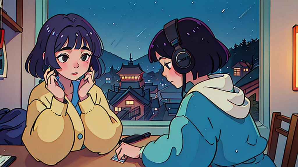 Create a scene of a 25-year-old woman looking out the window, Listening to music on headphones, In a quiet and relaxing environment, Short black hair, View from behind, Gazing at the horizon, At night, and through the window you can see fireflies and a beautiful landscape full of stars At night, Characters with lots of detail on their faces, hands and hair,Illustration Style、Showa anime、ukiyo-e、((girl))、Tokyo、Soft Touch、((Modern))、winter、High resolution, samba, latina,Rainy night,Tokyo