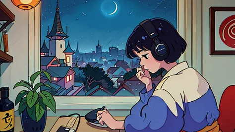 Create a scene of a 25-year-old woman looking out the window, Listening to music on headphones, In a quiet and relaxing environm...