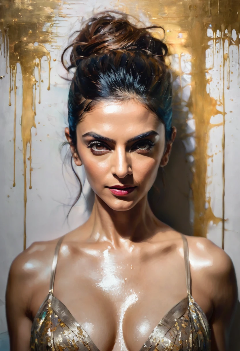 portrait of elegant beautiful Lebanon milf woman, Deepika Padukone, undercut hair, naked, cleavage, big buttock, perfect symmetric eyes, hyper realistic skin texture, realistic, award-winning photograph, rim ambient lighting, 8k, dslr, soft lighting, high quality, film grain, Fujifilm XT3, oil painting, heavy brushstrokes, paint drips, a breathtaking portrait of a Mozart, by Jeremy Mann, Carne Griffiths, Robert Oxley, rich, deep colors,layered image shaded by cells, golden ratio, award winning, professional,highly detailed, intricate, volumetric lighting, gorgeous, masterpiece, sharp focus, depth of field, perfect composition, award winner, artstation,