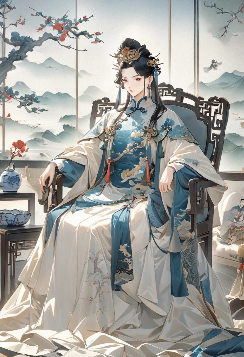 Image of man in dress sitting on chair, Sit in royal comfort, Qing Dynasty painting, Qing Dynasty, royal emperor, Inspired by Guo Xi, 宣德emperor, Chinese Queen, emperor肖像, Ceremonial Portraits, royal portrait painting, Inspired by Xie Huan, Majesty in expensive clothes, proud emperor, emperor, Wearing gorgeous silk clothes