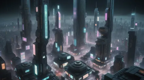 (((aerial view))) of a sprawling cyberpunk cityscape, all-glass towering skyscrapers, a lot of neon lights and holographic billb...