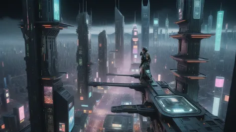 (((aerial view))) of a sprawling Cyberpunk cityscape, all-glass towering skyscrapers, a lot of neon lights and holographic billb...