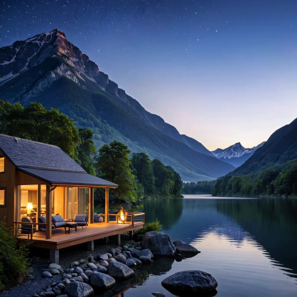 Imagine una vista de pájaro en el moderno, lujosa cabaña situada bajo las estrellas con majestuosas montañas al fondo y un sereno lago al lado. Diseñe la cabaña para combinar a la perfección elementos contemporáneos con un entorno natural., creando un retiro armonioso. Imagine grandes ventanales para capturar vistas impresionantes y enfatizar la conexión con el exterior.. Incluir un interior acogedor, y específicamente, integrar una chimenea para mejorar el ambiente. Describe el diseño, materiales, y diseño general para evocar una sensación de comodidad y lujo., convirtiéndolo en un paraíso idílico bajo el cielo estrellado. Ultrarealista, photoreal, ultrateada, 8K