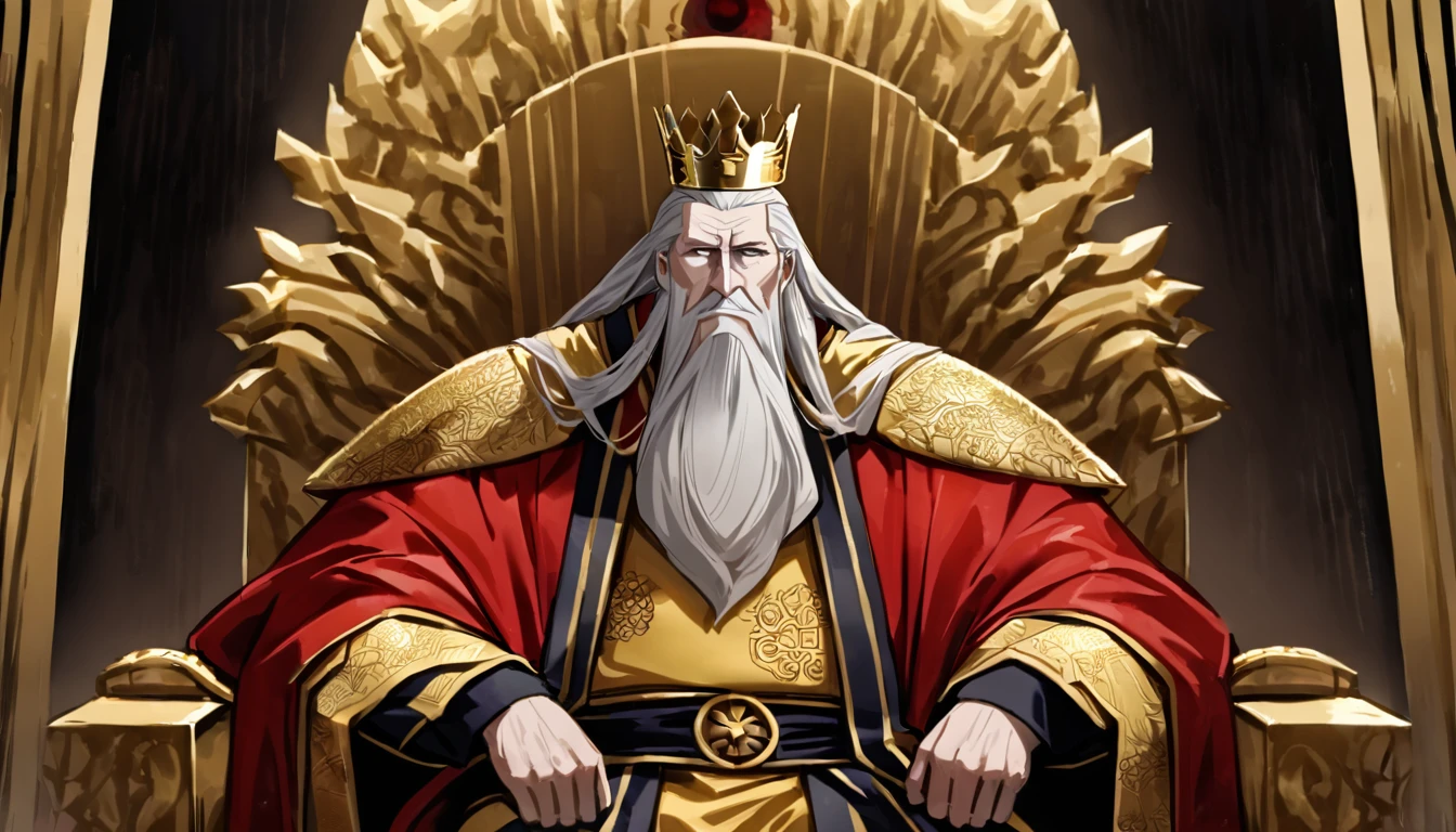 Two people, (an old emperor named John, tall, square face, long silver hair, wearing a golden crown, thick eyebrows, long white beard, pale complexion, wearing gorgeous golden robes, embroidered with dragon patterns), (another A young general named John Ken, with a burly build, long face, short blond hair, thick eyebrows, short beard, healthy bronze color, wearing red armor with a sun symbol and a golden sword at his waist), John Sitting majestically on the shining golden throne, Ken stood in front of the throne, and there was an atmosphere of respect and loyalty between the two.