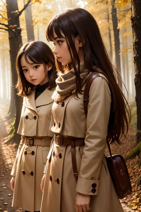 three girl in a path through the woods, fog, autumn landscape, sunlight filtering through the fog and branches