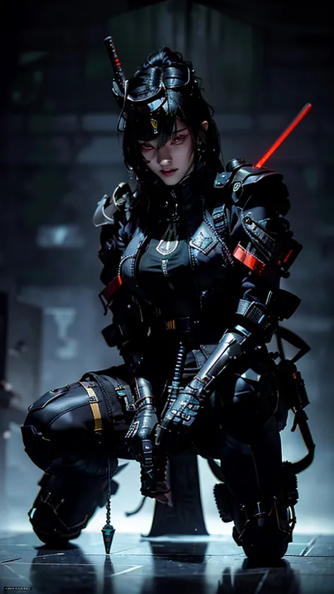 Surreal version of a woman kneeling down on one knee with sword in hand, very beautiful cyberpunk samurai,Sitting on one knee,Fu...