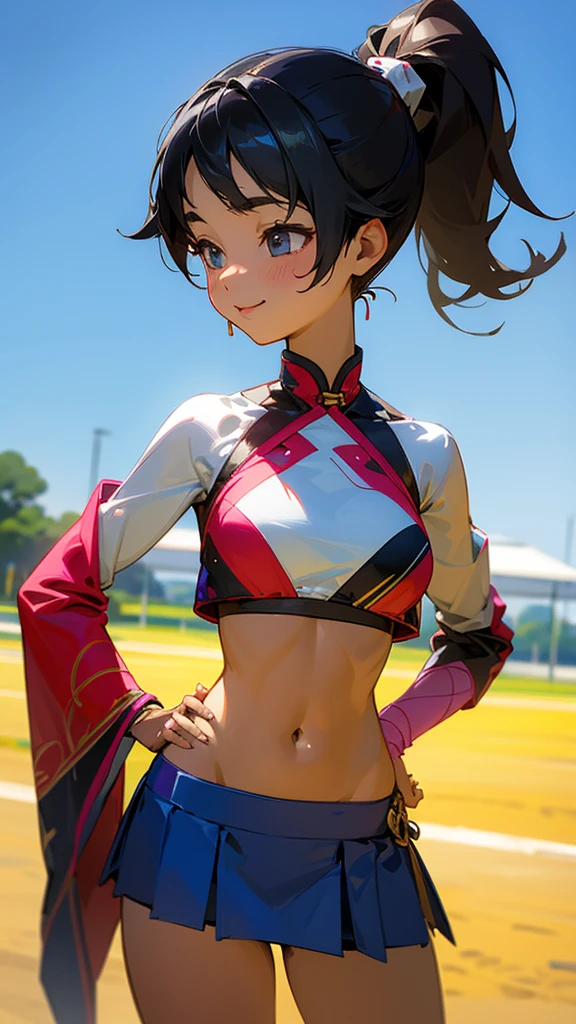 1 Girl、、Sharp focus、(Bokeh) (Highest quality) (Detailed skin:1.3) (Intricate details) (anime)、Black Hair, Side Ponytail、1、(Please put your hands on your hips)、chest、Slim figure、bikini、A pareo skirt with bold ethnic patterns and plenty of primary colors、Realistic Skin、Shiny skin, Sunburned skin、Cowboy Shot、Side body、smile、smile、Park in the background、Soft lighting