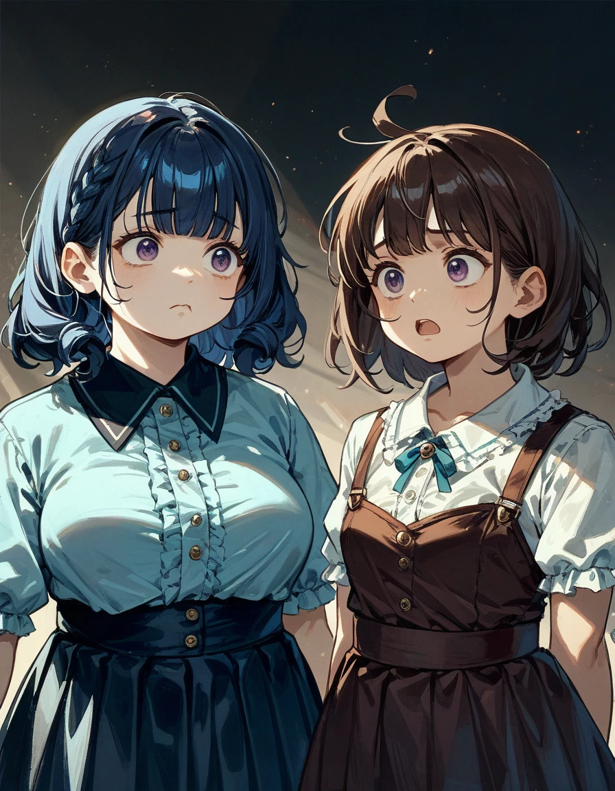 2girls,Breast Matching,[small(3) breasts,brown hair,dark,fluffy hairstyle,],medium hair,[chubby face],Plump face,in stage,frown,starring each other,standing,blouse,skirt,face to face,[flat(3) breasts,dark blue hair,purple eyes,fluffy hairstyle,]looking each other,bust up,ripped clothes,open mouth,scuffle