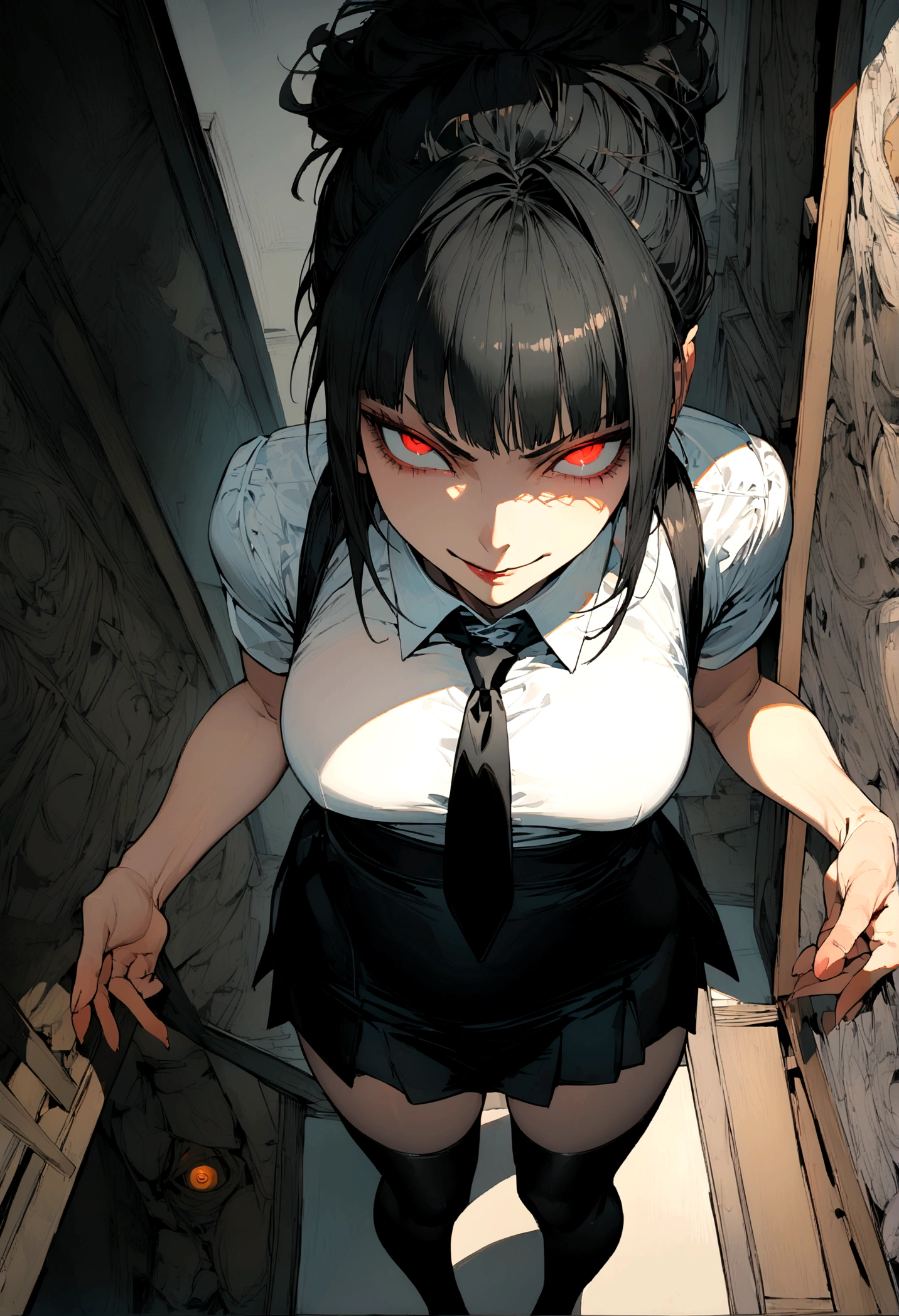 juri han, work of art, tight white secretary shirt with black tie, black high waist skirt, short skirt,stocking, black hair, black tightscary sun,office,bangs on the eyes,lighting,horn of hair,view from above,staring overhead,evil smile
