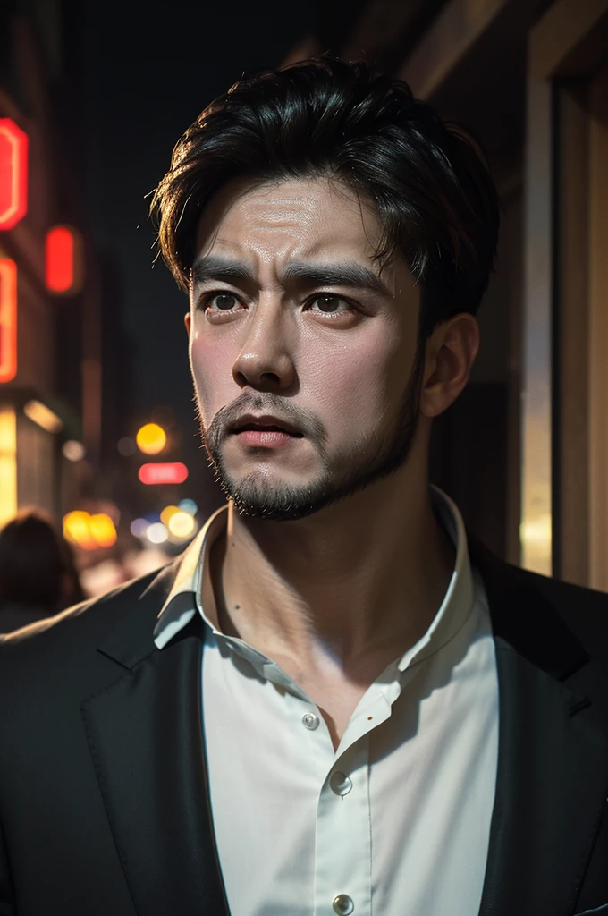 Rich person, black hair, mature ginger man, night, black business suit, face hair, beard, focus, 1 boy, very wide, watch the spectator, in China, at the market, in the middle of the road, neon lighting, (masterpiece, best quality:1.5)