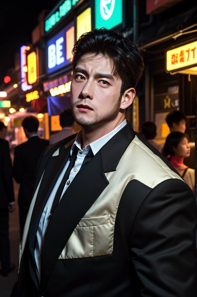 Rich person, black hair, mature ginger man, night, black business suit, face hair, beard, focus, 1 boy, very wide, watch the spectator, in China, at the market, in the middle of the road, neon lighting, (masterpiece, best quality:1.5)