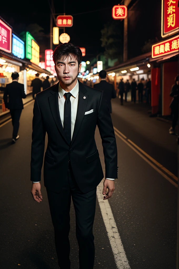 Rich person, black hair, mature ginger man, night, black business suit, face hair, beard, focus, 1 boy, very wide, watch the spectator, in China, at the market, in the middle of the road, neon lighting, (masterpiece, best quality:1.5)