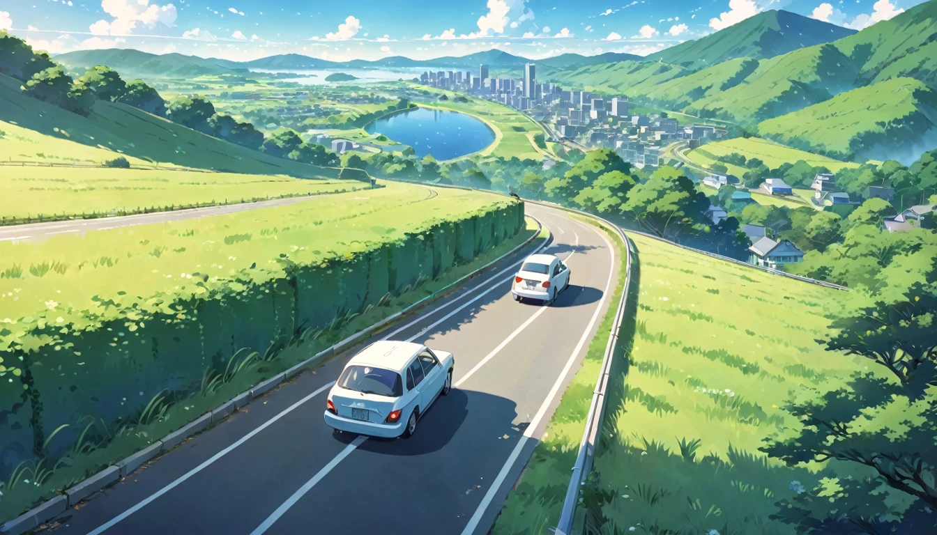 Picture of a car driving on a road next to green hills, anime countryside landscape, makoto shinkai. High detail, By Kaii Higashiyama, anime landscape, anime landscape wallpaper, by Makoto Shinkai, by Makoto Shinkai, anime. by Makoto Shinkai, hd anime cityscape, anime scenery concept art, anime scenery, Makoto Shinkai&#39;s Style, Makoto Shinkai&#39;s art style, anime. by Makoto Shinkai, by Makoto Shinkai, by Makoto Shinkai, anime scenery, 京都animeーション, 4K High Definition,, Beautiful Art UHD 4K, Beautiful artwork illustration, Beautiful digital painting, Highly detailed digital painting, Beautiful digital art, Detailed painting 4k, Highly detailed digital painting, Rich, picturesque colors, Gorgeous digital painting, saturation, not human