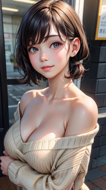 (masterpiece:1.3), (8K, Photorealistic, Raw photo, Best image quality: 1.4), Japanese schoolgirl、(Random Hairstyles:1.2)、Cleavage:1.2、Super detailed face、Attention to detail、double eyelid、Put your chest together、Sharp focus:1.2、Beautiful woman:1.4、Light brown hair、Highest quality、masterpiece、Ultra-high resolution、(Photorealistic:1.4)、Highly detailed and professionally lit smile、Loose, lightweight knitwear、Shoulder out、thin、Serious expression、Short-haired、Deadly position