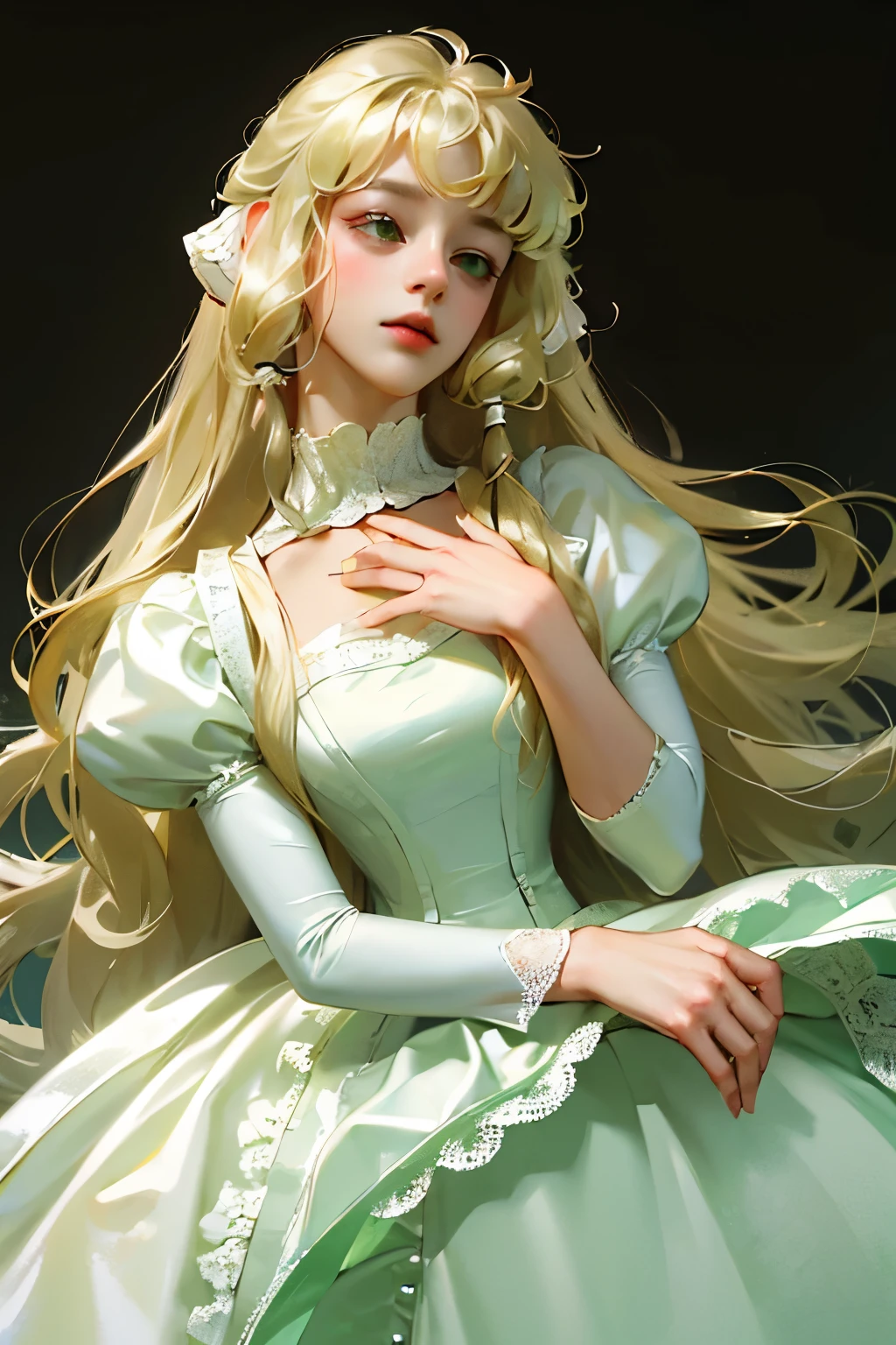 ((High quality work)), Simple and clean lines, The green dress and beautiful ruffled lace complement each other, Enriches the layering of the entire picture, Elegant Edwardian lace dresses and princess dresses add a lot of color to the character, Hands behind back gesture , It also shows the gentle and elegant side of women.