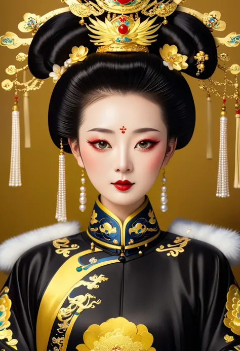 solemn girl portrait，symmetry，round face，bright eyes，smooth skin，elegant and luxurious，wealth，gorgeous black and gold costumes，c...