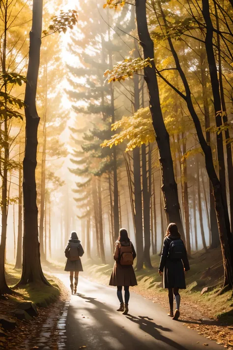 three girl in a path through the woods, fog, autumn landscape, sunlight filtering through the fog and branches