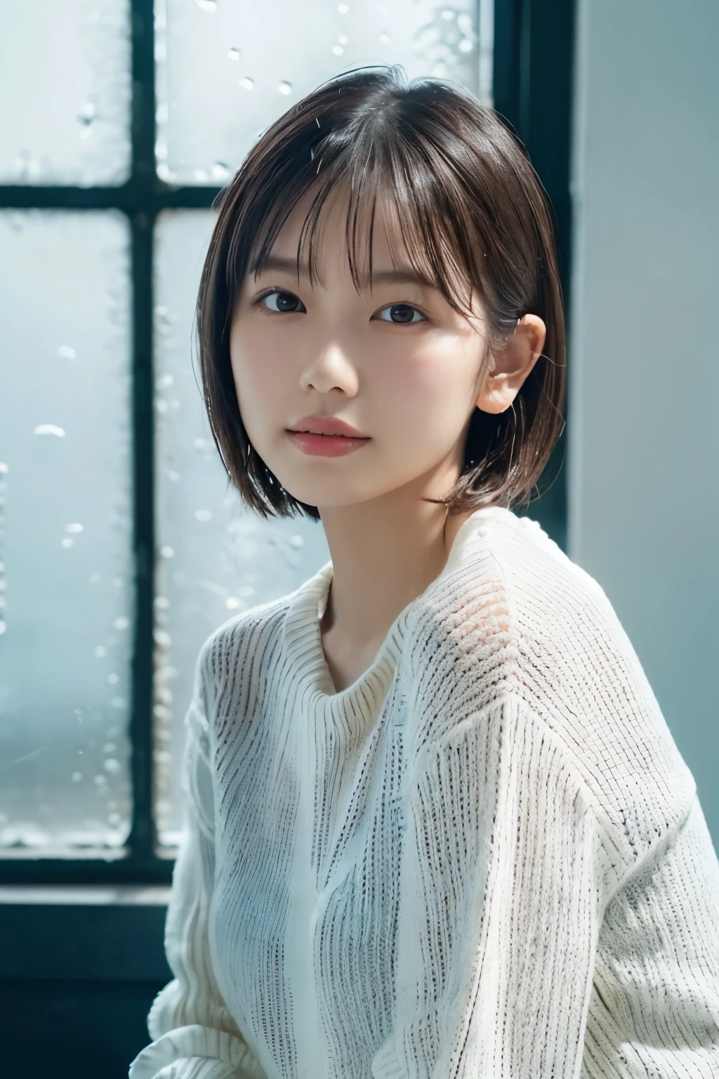 1 Girl, (Wearing a white summer sweater:1.2), Very beautiful Japanese idol portraits, 
(RAW Photos, Highest quality), (Realistic, Realistic:1.4), (masterpiece), 
Very delicate and beautiful, Very detailed, 2k wallpaper, wonderful, finely, Very detailed CG Unity 8K 壁紙, Very detailed, High resolution, Soft Light, 
Beautiful detailed girl, Very detailed目と顔, Beautiful and sophisticated nose, finelyて美しい目, Cinema Lighting, 
(I am doing gravure shoots for fashion magazines.:1.3), (indoor), (Staring out the window on a rainy day:1.3),
(short hair), 
Complete Anatomy, Slender body, Small breasts, 