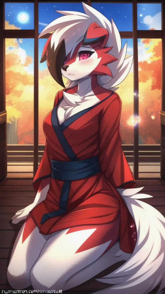 By zinfyuu on pixiv,by twistedscarlet60, uploaded on pixiv, by fluff-kevlar, (masterpiece), (best quality), (anthro furry:1.3, snout:1.2, anthro:1.3, furry:1.2, solo female:1.2),BREAK,pokemon, lycanroc, lycanroc midnight,wearing kimono, sfw ,:o, kiss me, love particle, at japanese palace