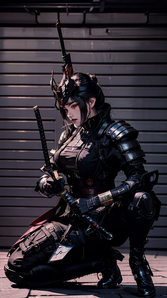 Surreal version of a woman kneeling down on one knee with sword in hand, very beautiful cyberpunk samurai,Sitting on one knee,Futuritic background,  cyberpunk anime art, cyberpunk samurai, cyberpunk city anime art, cyberpunk anime, cgsociety 9, digital cyberpunk anime art, style of maciej kuciara .1girl, samurai armor, devil mask helmet, intricate, detailed ornaments, cold colors, metallic, Egyptian details, details very complex, realistic lighting, trending on social cgs, glowing eyes, facing camera, Brick wall,neon details, surreal details, full body portrait, Japanese atmosphere, lighting global, shadow, octane rendering, 8k, super sharp lolita.((Best quality)), ((masterpiece)), (details:1.4), 3D, image of a female cyberpunk beautiful,HDR (High Dynamic Range),Beam Range,NVIDIA RTX,Ultra High Resolution,Unreal 5,Subsurface Scattering,PBR Textures,Post-processing,Anisotropic Filtering,Depth of Field, Maximum clarity and sharpness, Multi-layer textures, Albedo and Reflection maps, Surface shadows, Accurate simulation of light-material interaction, Perfect scaling, Octane rendering, Two-tone lighting Color, Wide Aperture, Low ISO, White Balance, Rule of Thirds, 8K RAW,