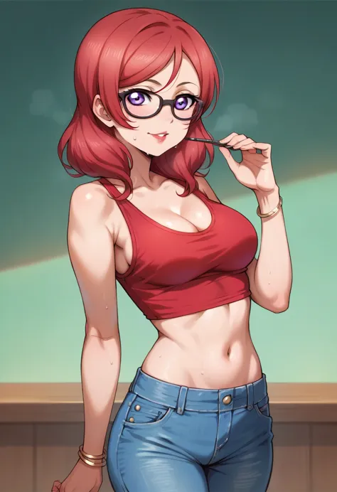 maki nishikino love live, realistic art,purple eyes, red hair, lipstick,red tank top, denim pants,low waist pants, open pants, g...