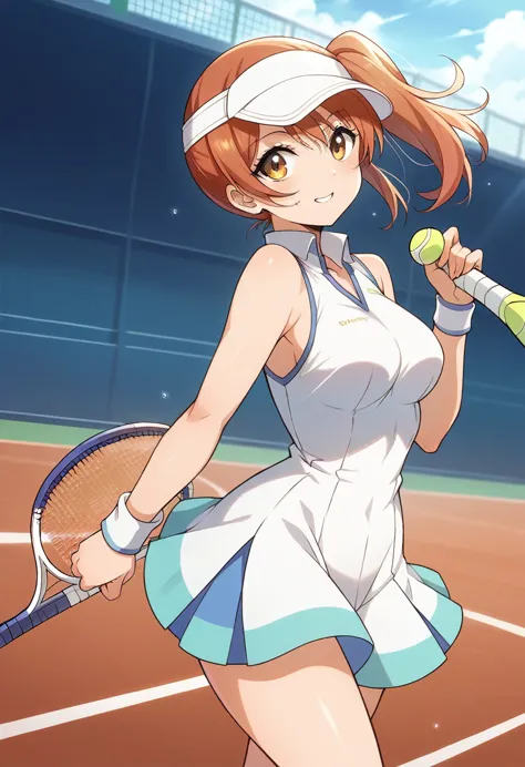 hoshizora rin, bangs, beautiful, beautiful woman, perfect body, perfect breasts, wearing a tennis outfit, wearing a tennis hat, ...