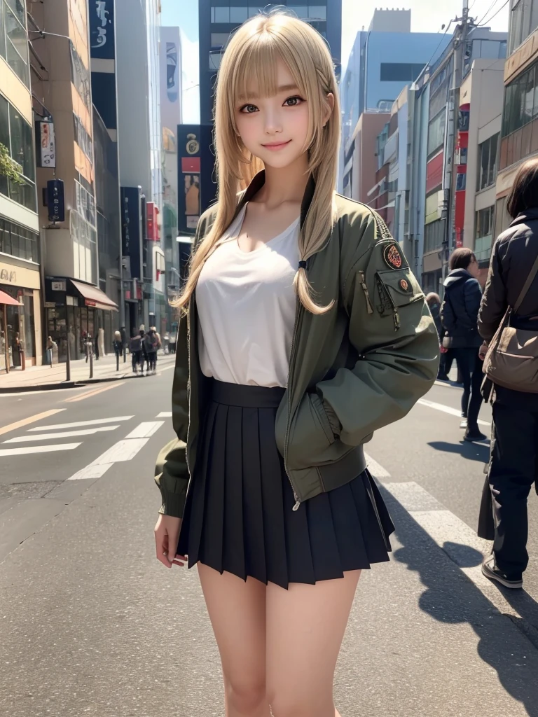 (8K, RAW Photos, Highest quality, masterpiece:1.2), (Realistic, photo-Realistic:1.4), (Highly detailed 8K wallpapers), ((Full Body Shot)), (1 girl), Sharp focus, Depth of written boundary, Cinematic lighting, Soft Light, The beauty of detail, eye_Chan, Very beautiful 17 year old girl, innocent big eyes, Realistic, photo Realistic, Highly detailed cute girl, (Thin thighs), (Model Body Type), 18-year-old, ((Khaki flight jacket)), (Black Micro Mini Pleated Skirt), (((Fold your arms in front of your chest and act arrogantly))), ((A happy smile)), Parted lips, Watching the audience, (On the streets of Tokyo) , (bionde),（Long bob hair braids), (Asymmetrical bangs)